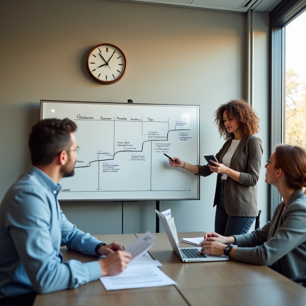 Consulting team and business owner in a structured biweekly review session