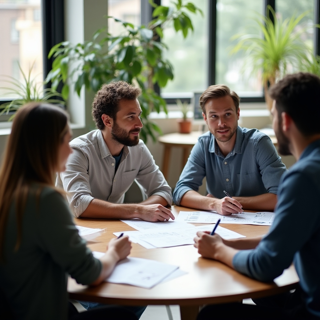 Consultant working hands-on with small business team around a table