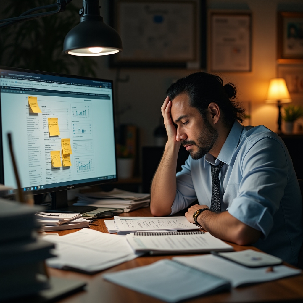 Business owner overwhelmed at desk surrounded by paperwork and sticky notes
