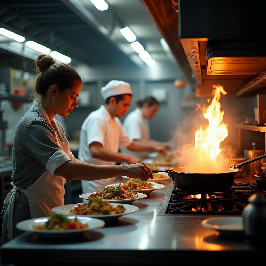 Restaurant kitchen team working in a busy service, showing operational complexity