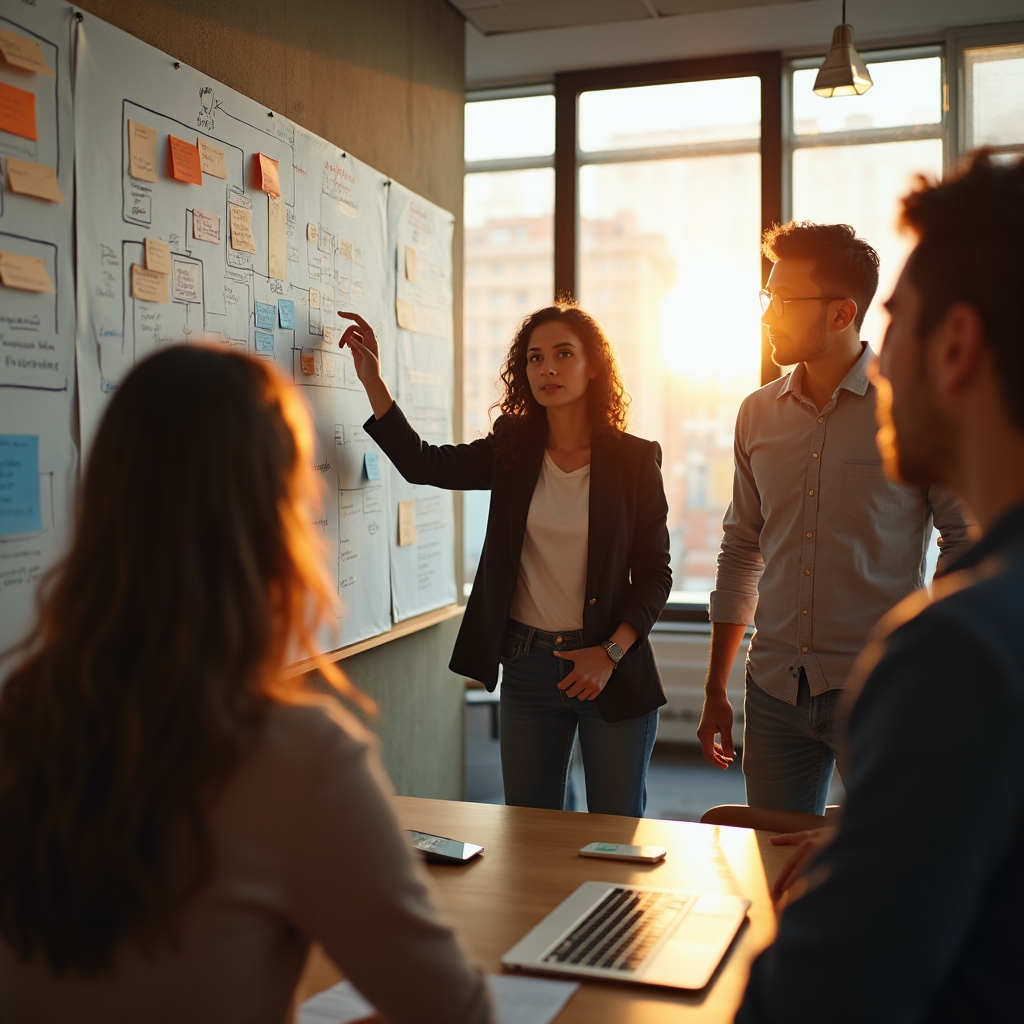 Small business team planning organizational structure on whiteboard